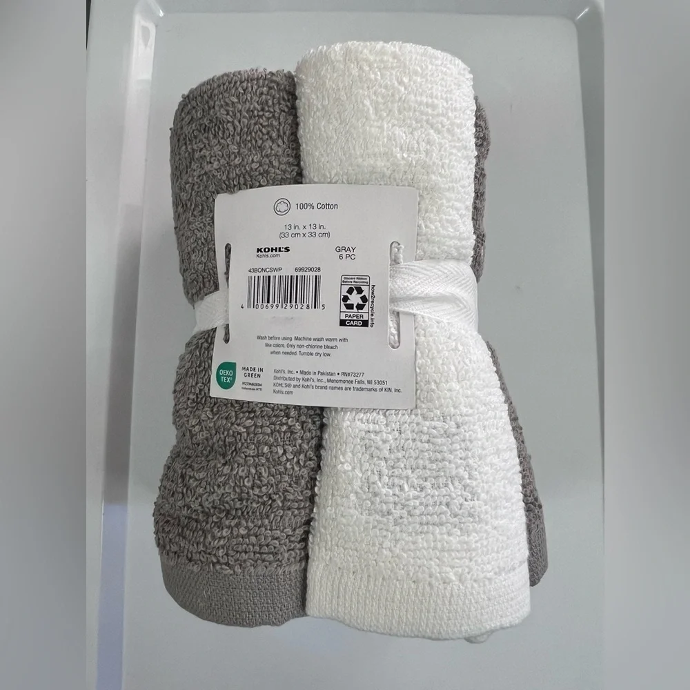 The Big One Washcloths Face Cloths 6 Pack 100% Cotton Gray & White 13” x 13”